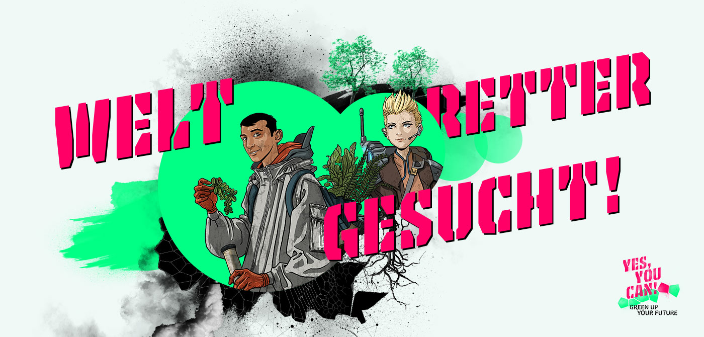 © BIOKON e.V. Schriftzug "Weltretter gesucht" mit Supermann und Superfrau