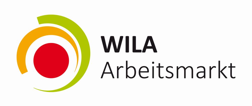Kreislogo mit roter, orangener und grüner Fläche. Daneben der Schriftzug WILA Arbeitsmarkt